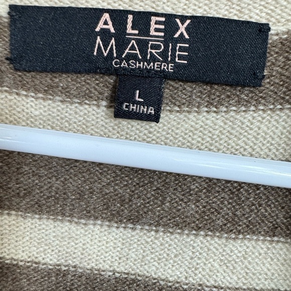 Alex Marie Size Large V-Neck Sweater Striped 100% Cashmere Brown Tan Preppy - Picture 3 of 5